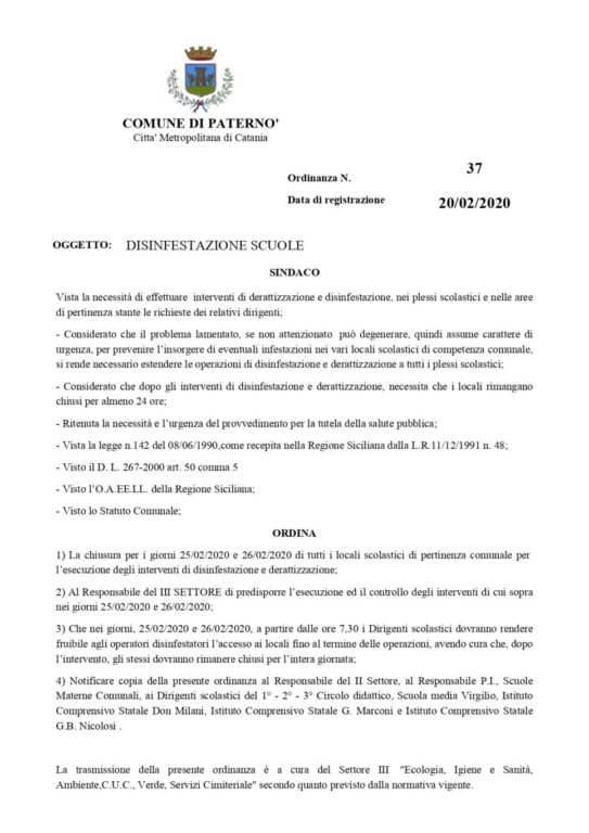 PATERNO’: SCUOLE COMUNALI CHIUSE PER DISINFESTAZIONE PER DUE GIORNI