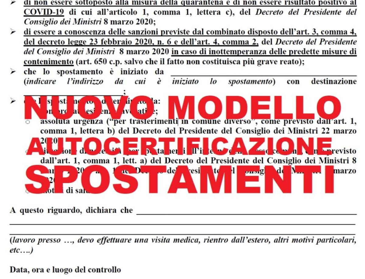 CORONAVIRUS, AUTOCERTIFICAZIONE SPOSTAMENTI: ECCO IL NUOVO MODULO - 