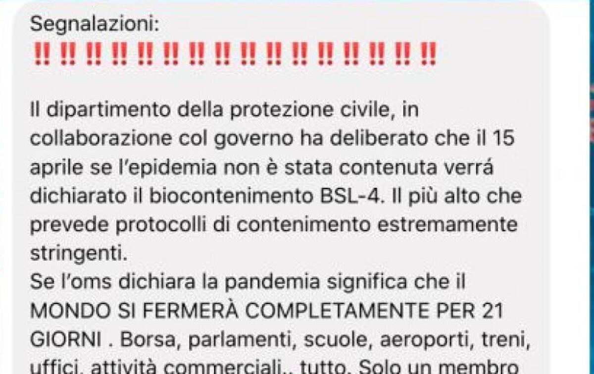 ATTENZIONE ALLE BUFALE, IL FALSO MESSAGGIO SUL MONDO CHE SI FERMA IL 15 APRILE SE NON SI ARRESTA L’EPIDEMIA - 