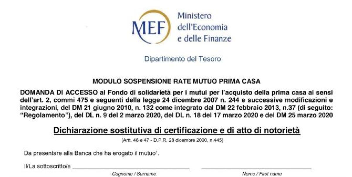 ECCO IL MODULO PER CHIEDERE LA SOSPENSIONE DEL MUTUO SULLA PRIMA CASA - 
