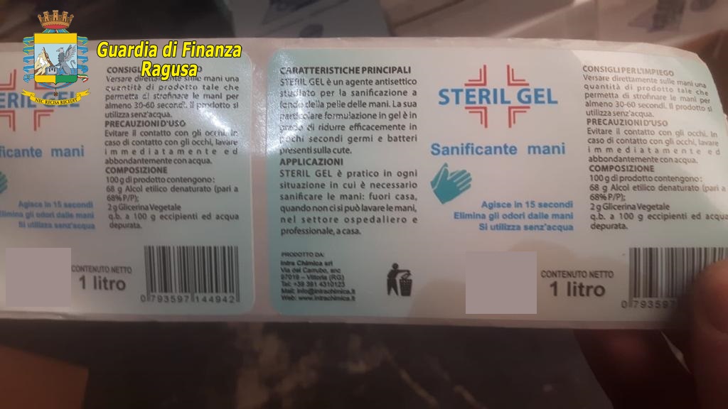 SEQUESTRATI CIRCA 4.500 LITRI DI GEL SANIFICANTE PER LE MANI TRA LE PROVINCE DI RAGUSA, CATANIA ED ENNA. RITIRATI DAL MERCATO OLTRE 4.500 CONFEZIONI.