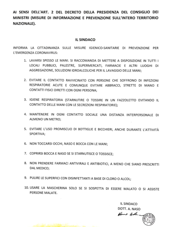 CORONAVIRUS, IL SINDACO DI PATERNO' FIRMA L'ORDINANZA: MISURE STRAORDINARIE
