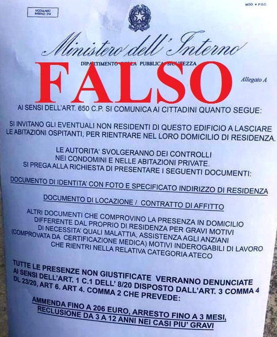 CORONAVIRUS. IL FALSO VOLANTINO DEL MINISTERO DELL’INTERNO CHE OBBLIGA A TORNARE NEL PROPRIO DOMICILIO DI RESIDENZA