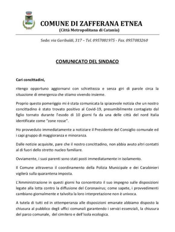 CORONAVIRUS, PRIMO CONTAGIO A ZAFFERANA,  IL SINDACO SCRIVE AI CITTADINI