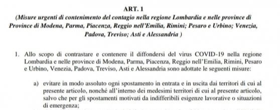 CORONAVIRUS, CHIUSA LA LOMBARDIA E ALTRE 11 PROVINCE FINO AL 3 APRILE. SI POTRÀ ENTRARE E USCIRE SOLO PER MOTIVI «GRAVI E INDIFFERIBILI».