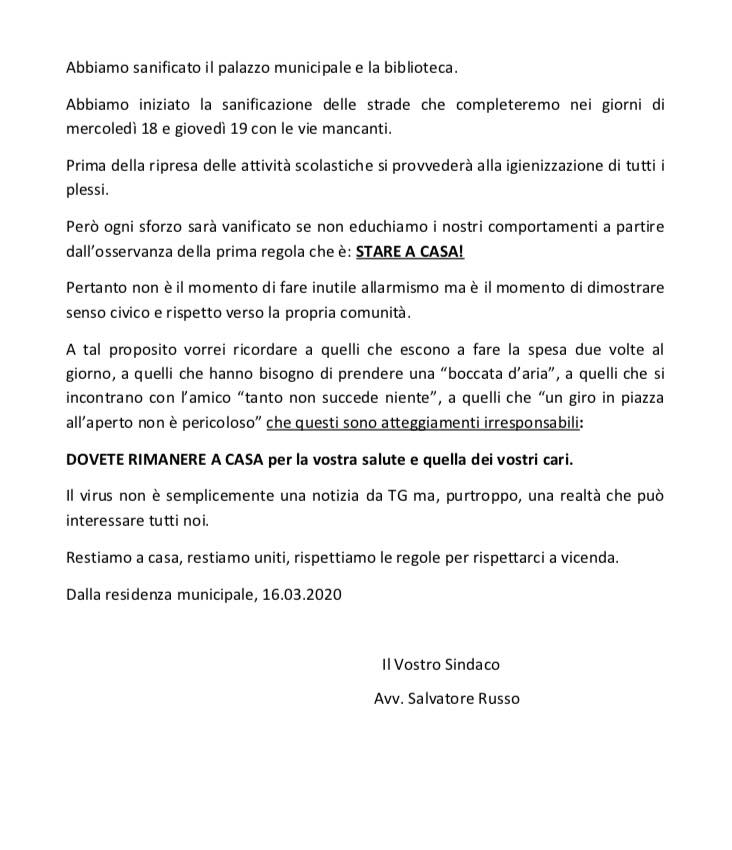 CORONAVIRUS, PRIMO CONTAGIO A ZAFFERANA,  IL SINDACO SCRIVE AI CITTADINI