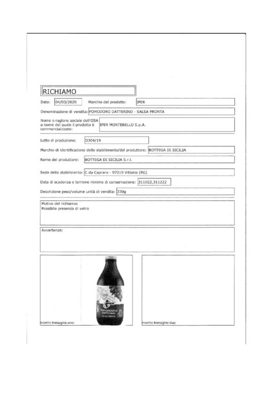 FRAMMENTI DI VETRO NELLA SALSA DI POMODORO. ALLERTA DEL MINISTERO DELLA SALUTE