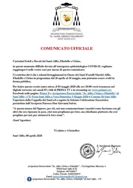 I FESTEGGIAMENTI SANT’ALFIO, FILADELFO E CIRINO:CHIUSI AL PUBBLICO, SOLO DIRETTE VIDEO