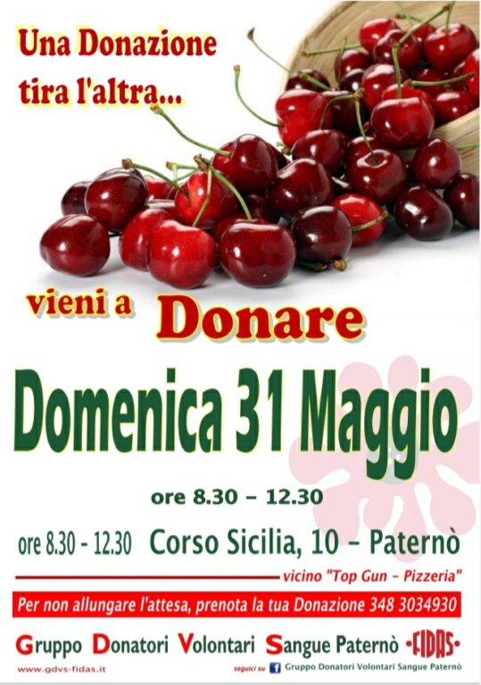 PATERNO' DOMENICA 31 MAGGIO RACCOLTA STRAORDINARIA DI SANGUE: VIENI A DONARE!