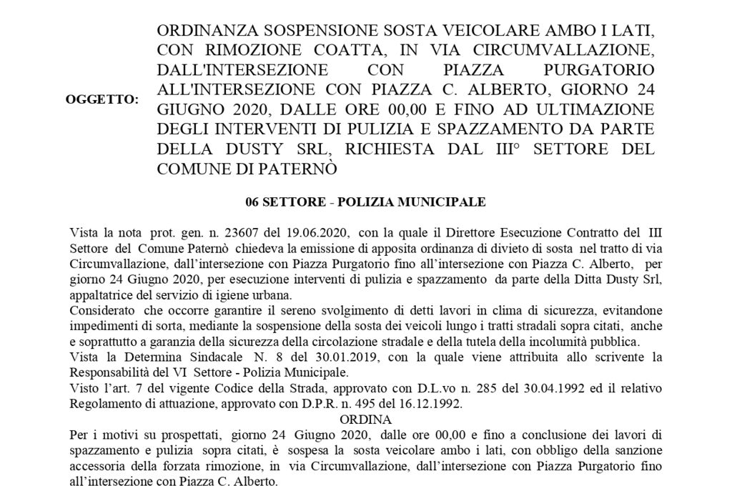 PATERNO’: DOMANI SOSPENSIONE SOSTA VEICOLARE IN N VIA CIRCUMVALLAZIONE PER PULIZIA TRATTO STRADALE