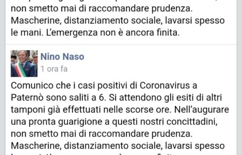 ALTRI 3 CASI A PATERNO', I POSITIVI SALGONO A 7