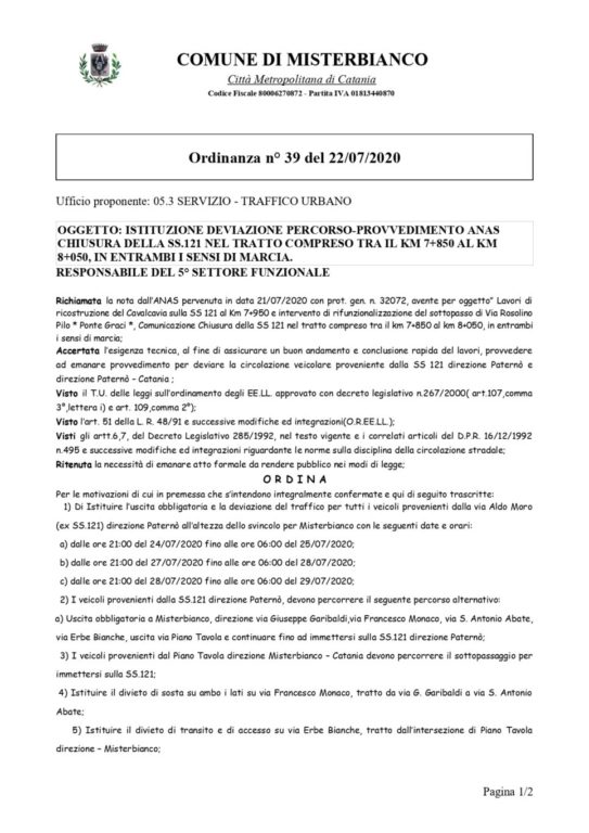 DA STASERA, CHIUSURA NOTTURNA DELLA SS.121 IN ENTRAMBI I SENSI DI MARCIA PER I LAVORI SULL'EX PONTE GRACI