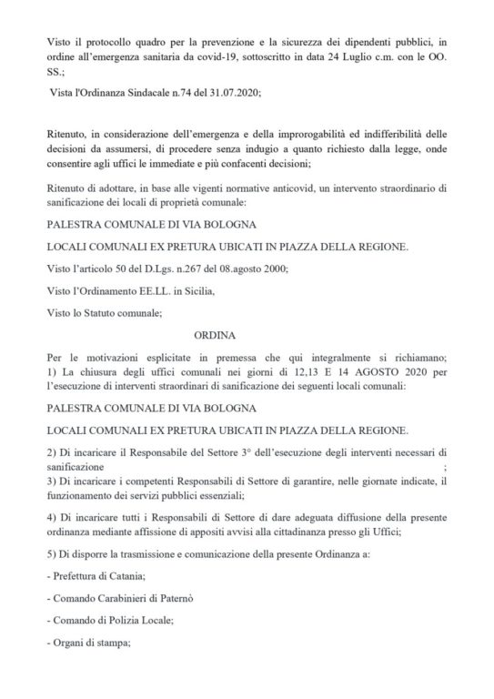 PATERNO’: SALGONO A 13 I CASI DI COVID, CHIUSI GLI UFFICI DI PIAZZA DELLA REGIONE E PALESTRA COMUNALE PER SANIFICAZIONE