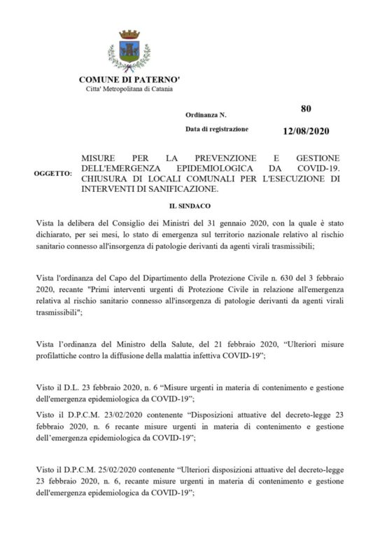 PATERNO’: SALGONO A 13 I CASI DI COVID, CHIUSI GLI UFFICI DI PIAZZA DELLA REGIONE E PALESTRA COMUNALE PER SANIFICAZIONE