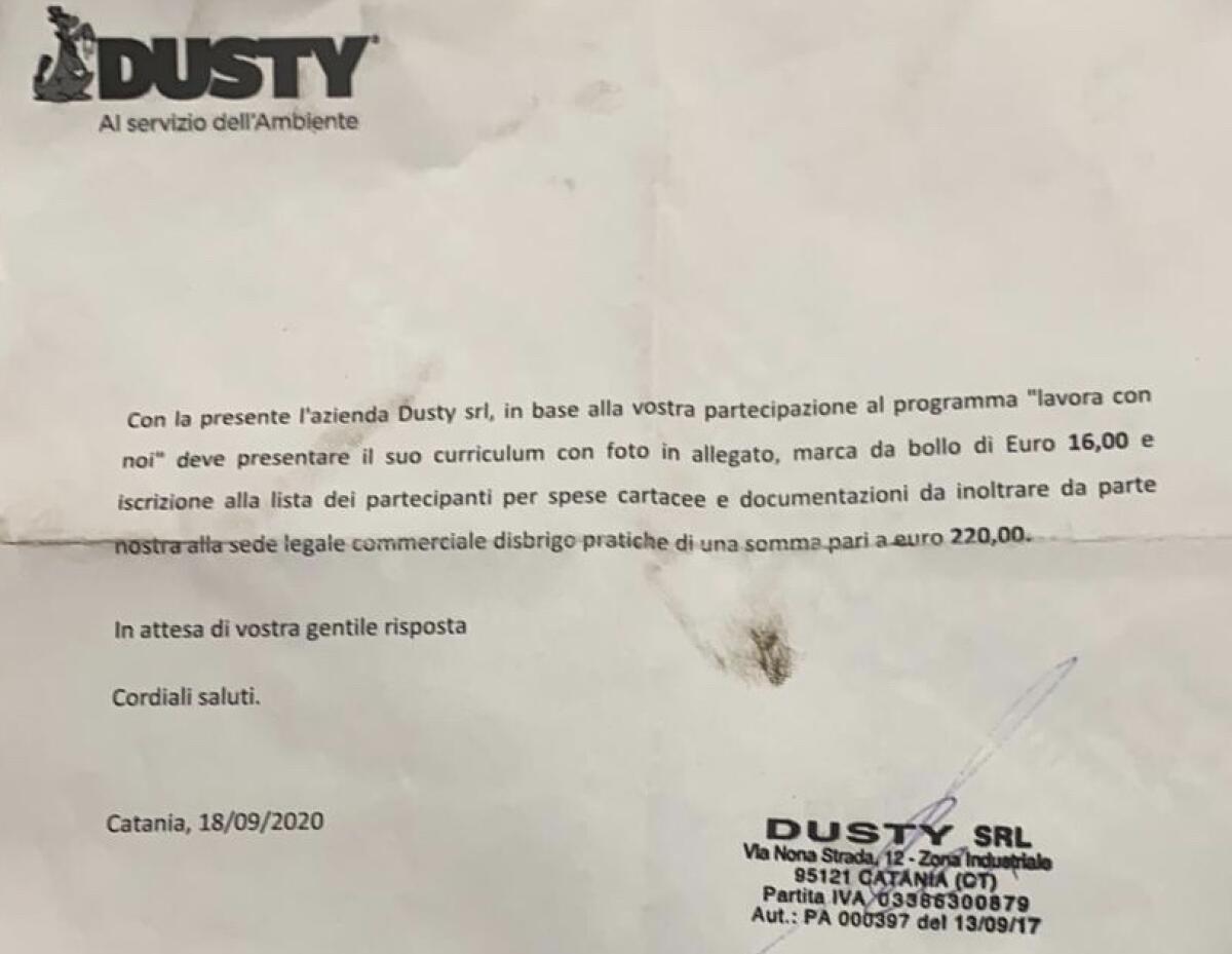 FALSA LETTERA PROMETTE ASSUNZIONI ALLA DUSTY - 