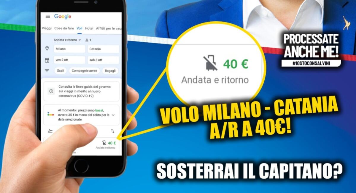 LEGA PUBBLICIZZA VOLO 40 EURO ANDATA-RITORNO A CATANIA IL 3 OTTOBRE. MA DEVI RIPARTIRE DOPO 40 MINUTI - 