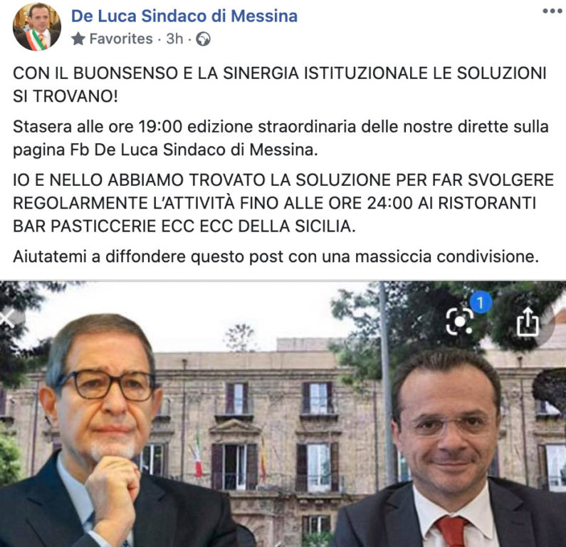 CATENO DE LUCA: “IO E MUSUMECI ABBIAMO TROVATO LA SOLUZIONE PER RIAPRIRE I LOCALI FINO ALLE 24”, MA IL GOVERNATORE SMENTISCE