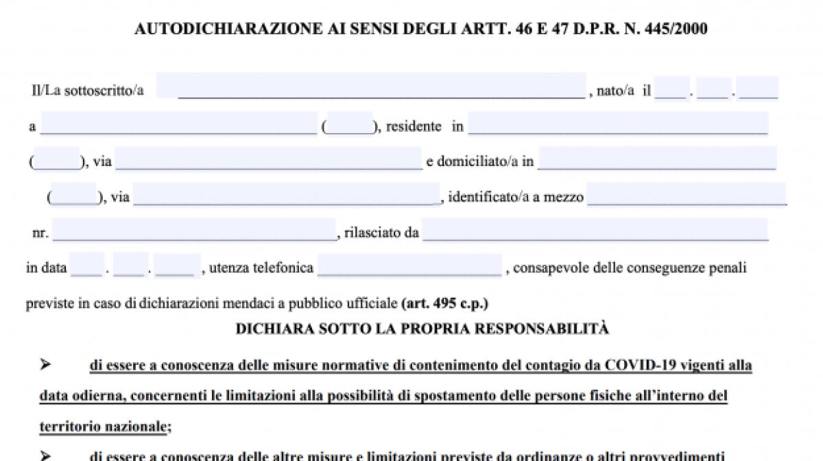 DPCM, TORNA L'AUTOCERTIFICAZIONE PER GLI SPOSTAMENTI: ECCO IL MODULO - 