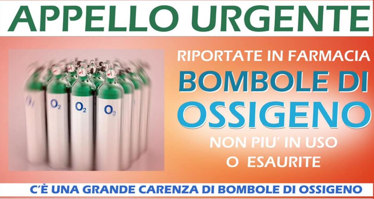 OSSIGENO NELLE FARMACIE, DA FEDERFARMA APPELLO A CITTADINI: RICONSEGNATE LE BOMBOLE VUOTE - 