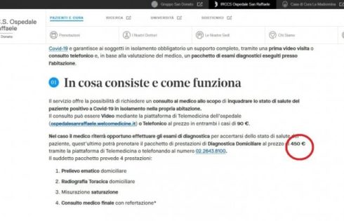 SAN RAFFAELE DI MILANO, VISITE A DOMICILIO PER PAZIENTI POSITIVI AL COVID A 450 EURO