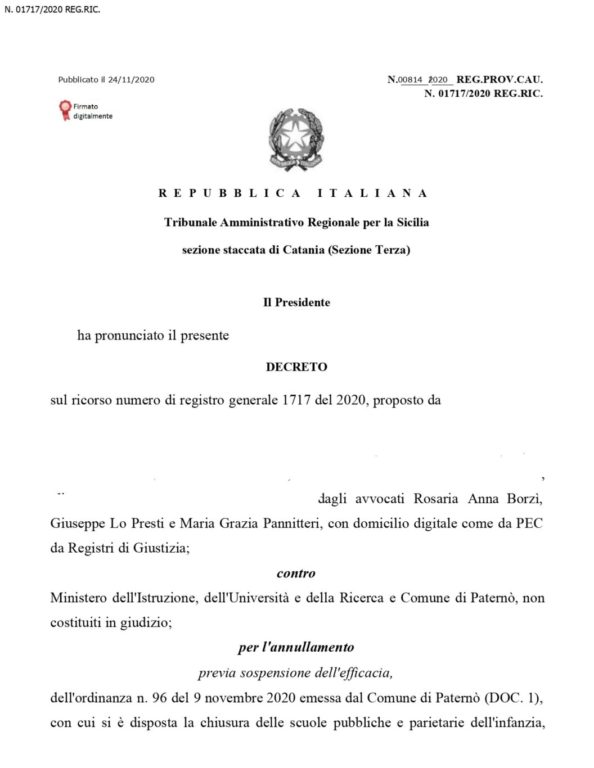 PATERNO’: IL TRIBUNALE AMMINISTRATIVO REGIONALE RIAPRE LE SCUOLE