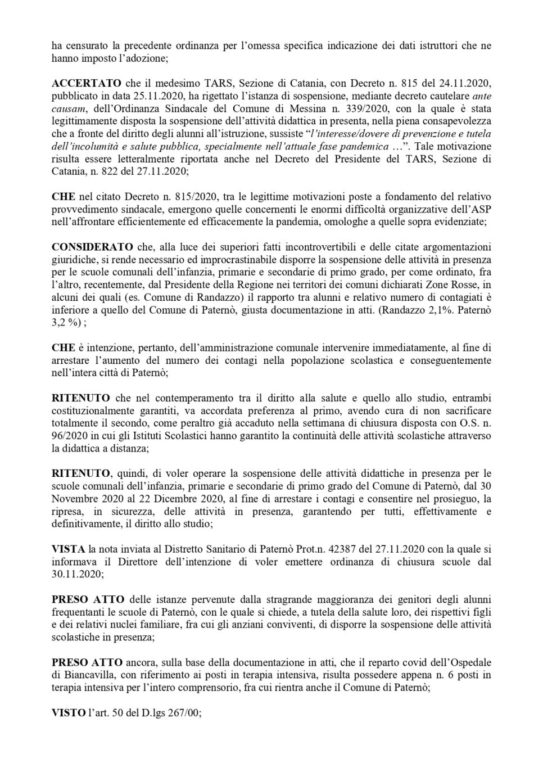 PATERNO': RINVIATA AL 2021 LA RIAPERTURA DELLE SCUOLE