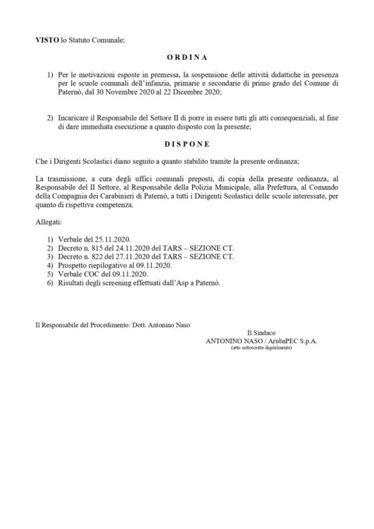 PATERNO': RINVIATA AL 2021 LA RIAPERTURA DELLE SCUOLE