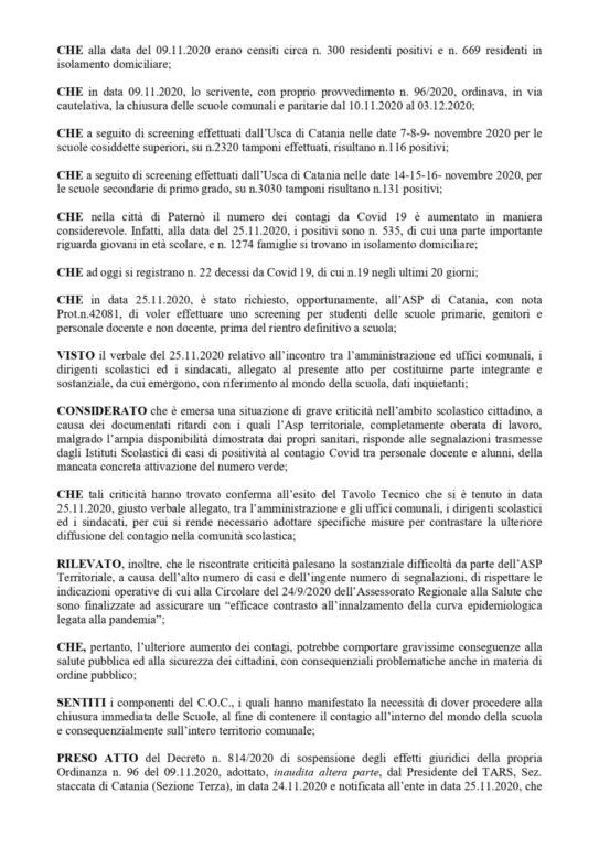 PATERNO': RINVIATA AL 2021 LA RIAPERTURA DELLE SCUOLE