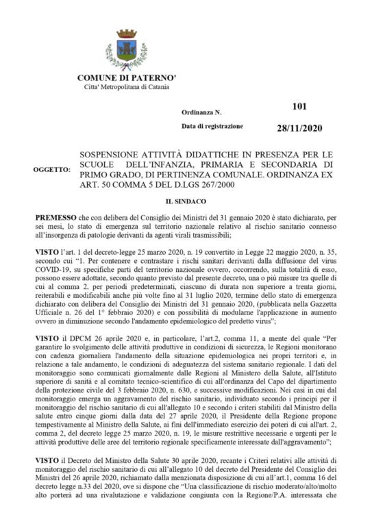 PATERNO': RINVIATA AL 2021 LA RIAPERTURA DELLE SCUOLE