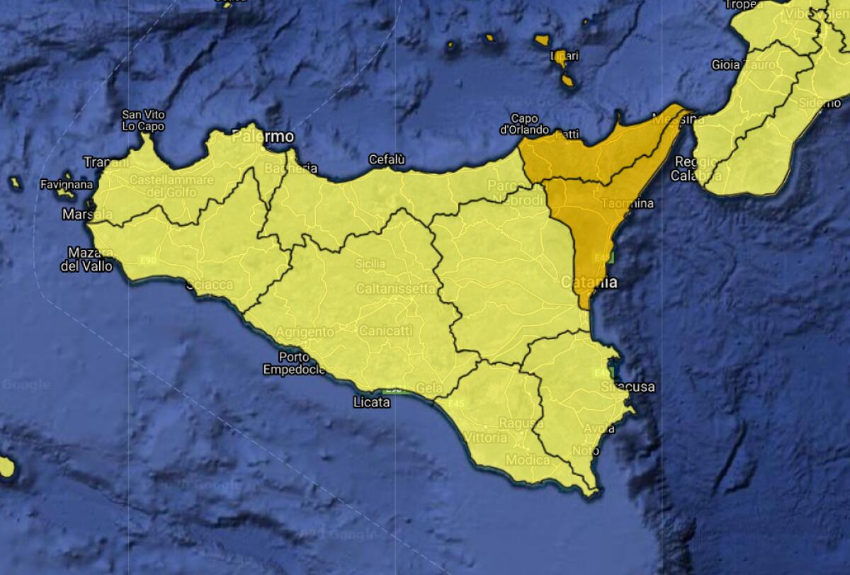 ALLERTA ARANCIONE DOMANI SULLA SICILIA NORD-ORIENTALE E GIALLA NEL RESTO DELLA REGIONE - 