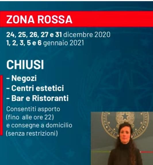 ITALIA ZONA ROSSA DAL 24 DICEMBRE AL 6 GENNAIO NEI GIORNI FESTIVI E PREFESTIVI E ARANCIONE NEI GIORNI FERIALI.