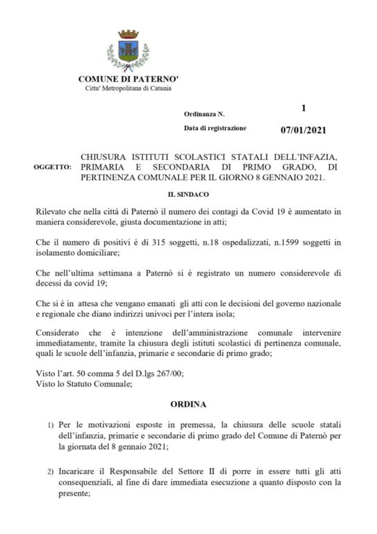 DOMANI SCUOLE CHIUSE A PATERNÒ