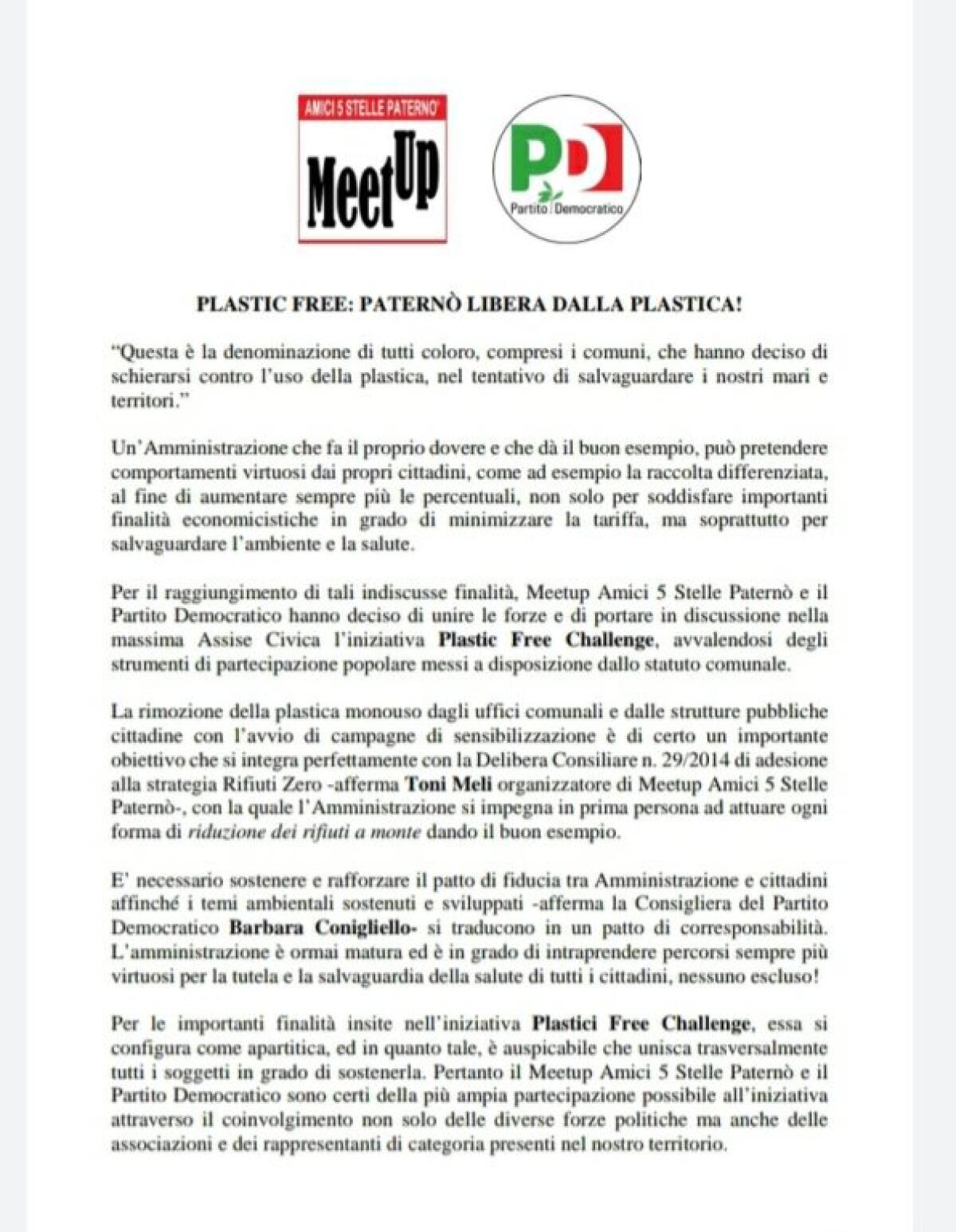 PLASTIC FREE: PATERNÒ LIBERA DALLA PLASTICA! COMUNICATO MEETUP AMICI M5S E PD - 
