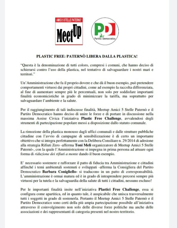ADESIONE A PROGETTO “PLASTIC FREE”. NOTA DELL’ASSESSORE ALL’ECOLOGIA, LUIGI GULISANO E DEL M5 STELLE
