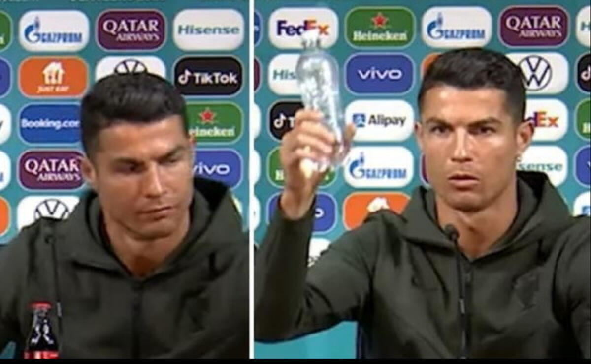 CRISTIANO RONALDO ALLONTANA LE BOTTIGLIE DI COCA COLA IN CONFERENZA STAMPA: "BISOGNA BERE ACQUA" - 