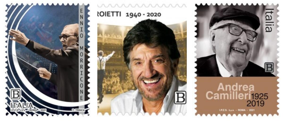 POSTE ITALIANI EMETTE TRE FRANCOBOLLI DEDICATI A GIGI PROIETTI, ENNIO MORRICONE ED ANDREA CAMILLERI - 