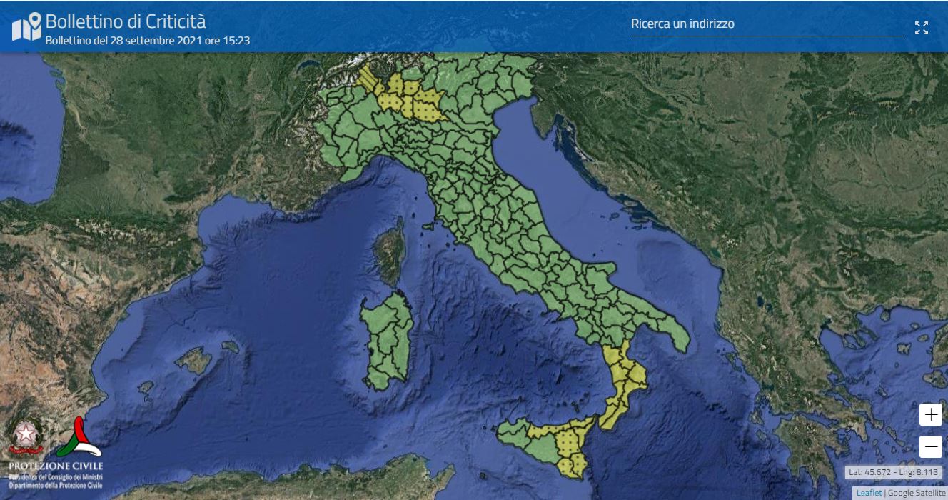 MALTEMPO: LA PROTEZIONE CIVILE LANCIA L’ALLERTA GIALLA SU  SICILIA ORIENTALE PER LA GIORNATA DI DOMANI
