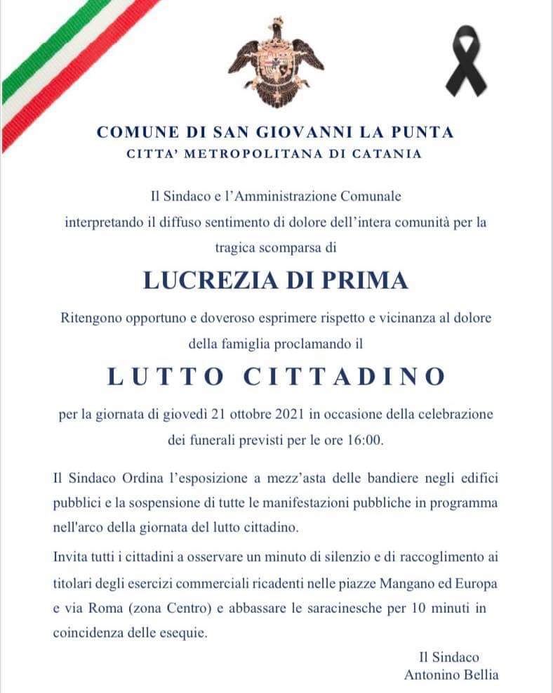 LUTTO CITTADINO OGGI A SAN GIOVANNI LA PUNTA PER LA MORTE DI LUCREZIA DI PRIMA