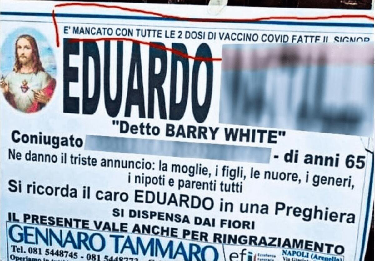 NAPOLI: EDUARDO MUORE DI COVID A 65 ANNI. LA SCRITTA CHOC SUL MANIFESTO: «ERA VACCINATO CON DOPPIA DOSE» - 