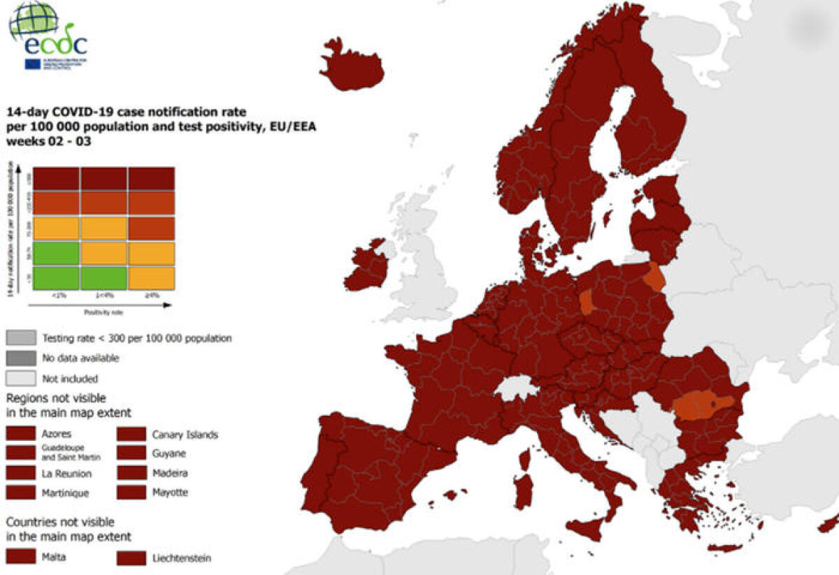COVID. LA NUOVA MAPPA ECDC: ITALIA SEMPRE TUTTA IN ROSSO SCURO - 