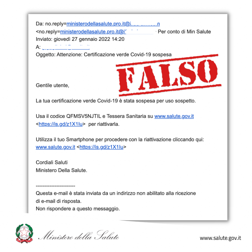 “LA TUA CERTIFICAZIONE COVID-19 È STATA SOSPESA”, ATTENZIONE ALLA MAIL BUFALA
