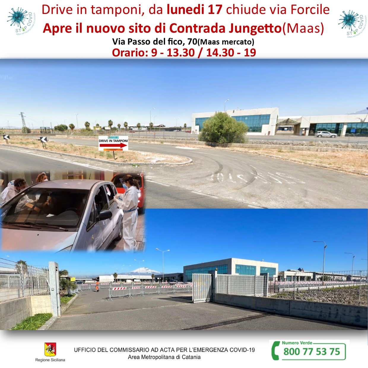 NUOVO DRIVE PER I TAMPONI A CATANIA.  CHIUDE VIA FORCILE ED APRE  AL MAAS. TUTTI I DETTAGLI