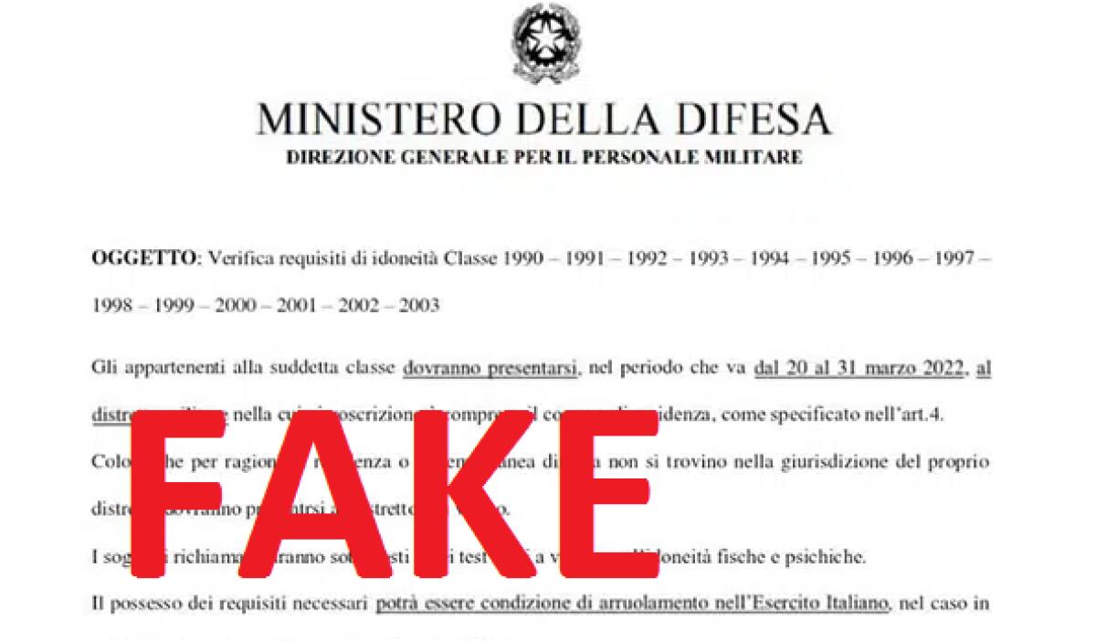 L’ENNESIMA BUFALA CORRE IN RETE: NESSUN ARRUOLAMENTO IN ITALIA  PER  I NATI DAL 1990 AL 2003 - 