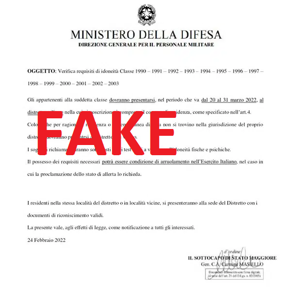 L’ENNESIMA BUFALA CORRE IN RETE: NESSUN ARRUOLAMENTO IN ITALIA  PER  I NATI DAL 1990 AL 2003