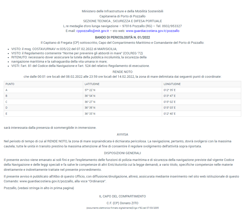 LA CAPITANERIA DI POZZALLO: "ALLERTA" PER UN SOMMERGIBILE IN IMMERSIONE NEL MARE DI RAGUSA