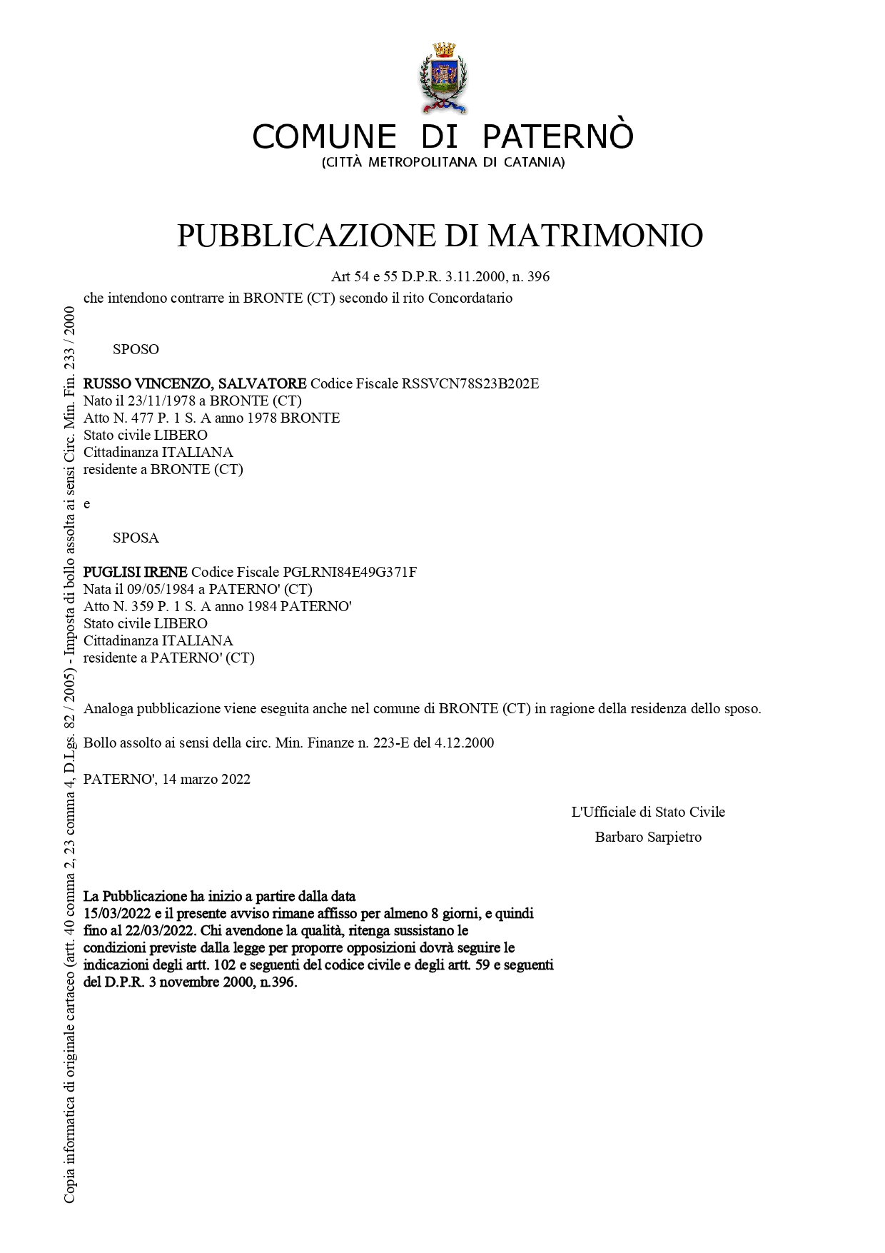 PATERNO': LE PUBBLICAZIONI DI MATRIMONIO