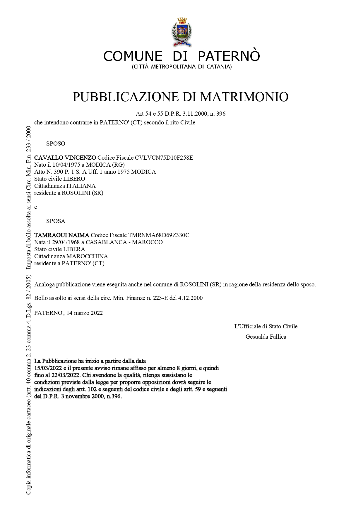 PATERNO': LE PUBBLICAZIONI DI MATRIMONIO