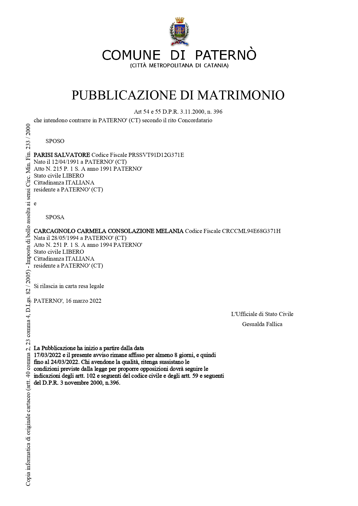 PATERNO': LE PUBBLICAZIONI DI MATRIMONIO