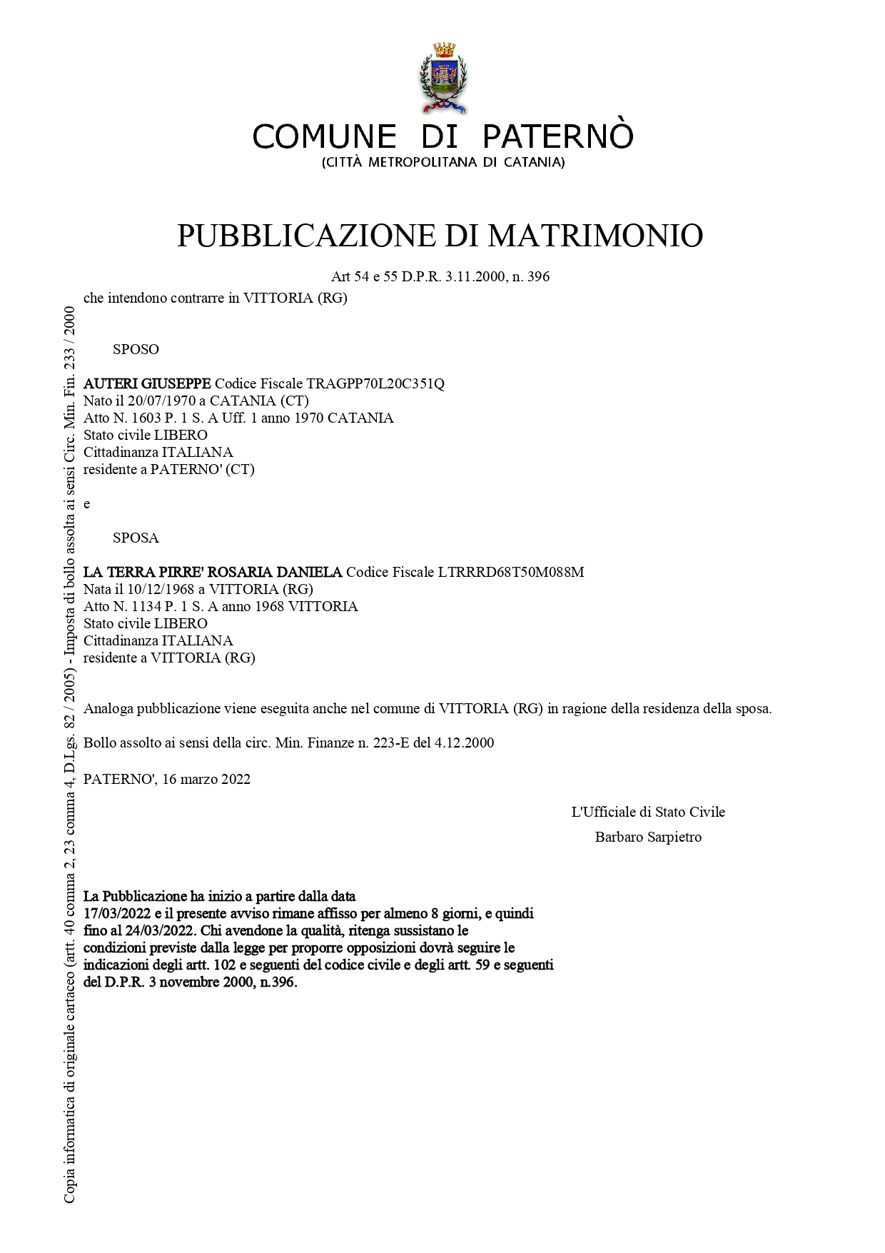 PATERNO': LE PUBBLICAZIONI DI MATRIMONIO