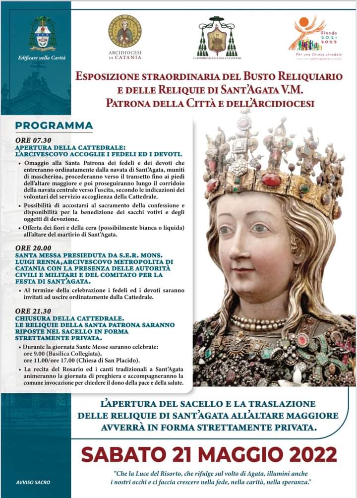 SANT'AGATA RITORNA AD "INCONTRARE" I CATANESI: DOMANI IL BUSTO SARÀ ESPOSTO IN CATTEDRALE. IL PROGRAMMA